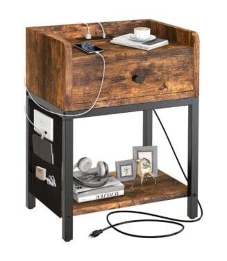 Mesa Auxiliar De Madera y Hierro con Estación De Carga de 2 enchufes y 2 Puertos USB.