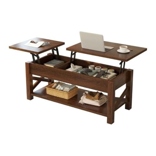 Mesa de Centro con Estante Abierto y Soporte de Madera, Mesa para Sala de Estar