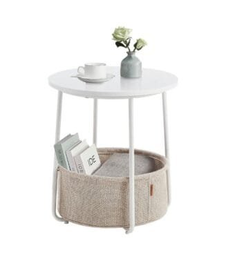 Mesa Auxiliar con Cesta de Tela, mesita de Noche Moderna, para Sala de Estar recámara, Blanco Mate.